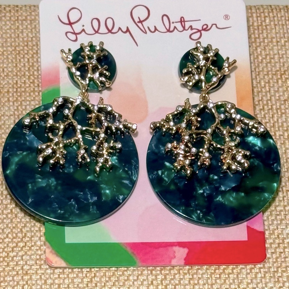 🪸LILLY PULITZER Coral Cove Emerald Isle Green Disc Earrings NEW Gold Tone
